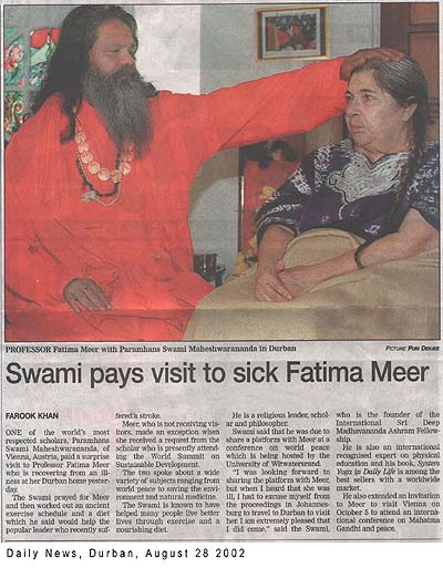 Daily News, Durban/South Africa: Swami Maheswarananda pays visit to sick Fatima Meer