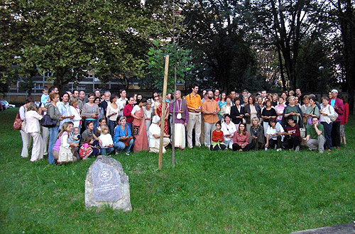 Participants gathered at the peace-tree near Vatroslav Lisinski hall in Zagreb, planted in 2005 by the participants of the World Peace Summit