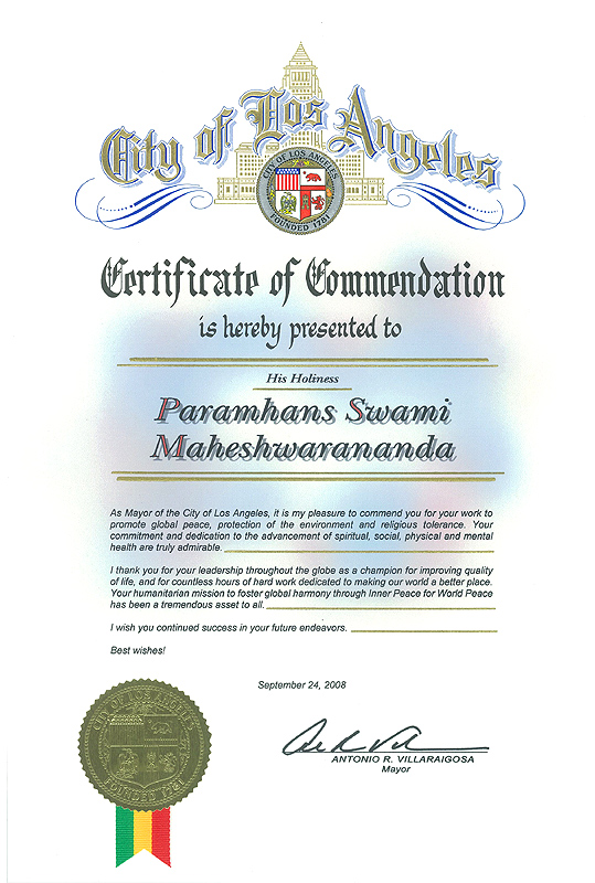 Award from Los Angeles City Mayor